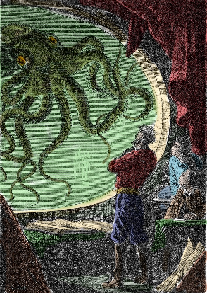 Ned Land, el profesor Aronnax y su sirviente Conseil observan al pulpo gigante por la escotilla del submarino Nautilus. Grabado del libro de Jules Verne «Veinte mil leguas de viaje submarino»